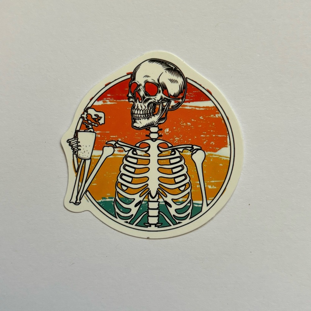Circle Cartoon Skeleton Drinking Coffee Waterproof Sticker